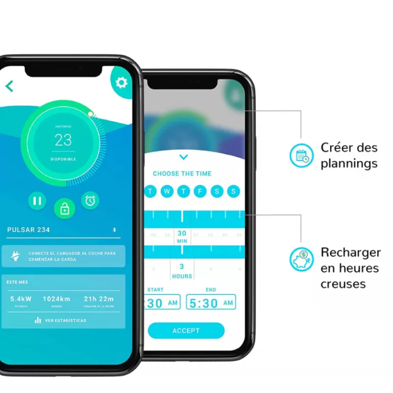 Pack Borne de recharge WALLBOX Pulsar Plus - câble attaché 5m Type 2 - 1,4 à 7,4kW - monophasé - Bluetooth - Wifi